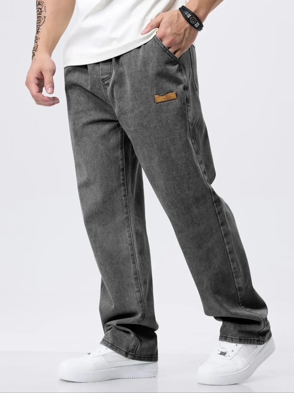 Men's Drawstring Elastic Waist Jeans, Washed Vintage Straight Leg Plain Denim Jeans