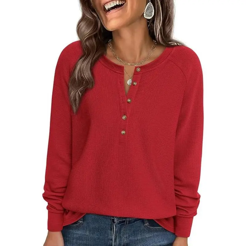 Women's Button Up Waffle Top Long Sleeve Knit Shirts Fall Casual Henley V Neck Tunic Tops