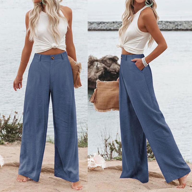 Womens Cotton Linen Pants Casual Button Up High Waisted Wide Leg Trousers Wideleg Loose Womenswear Apricot