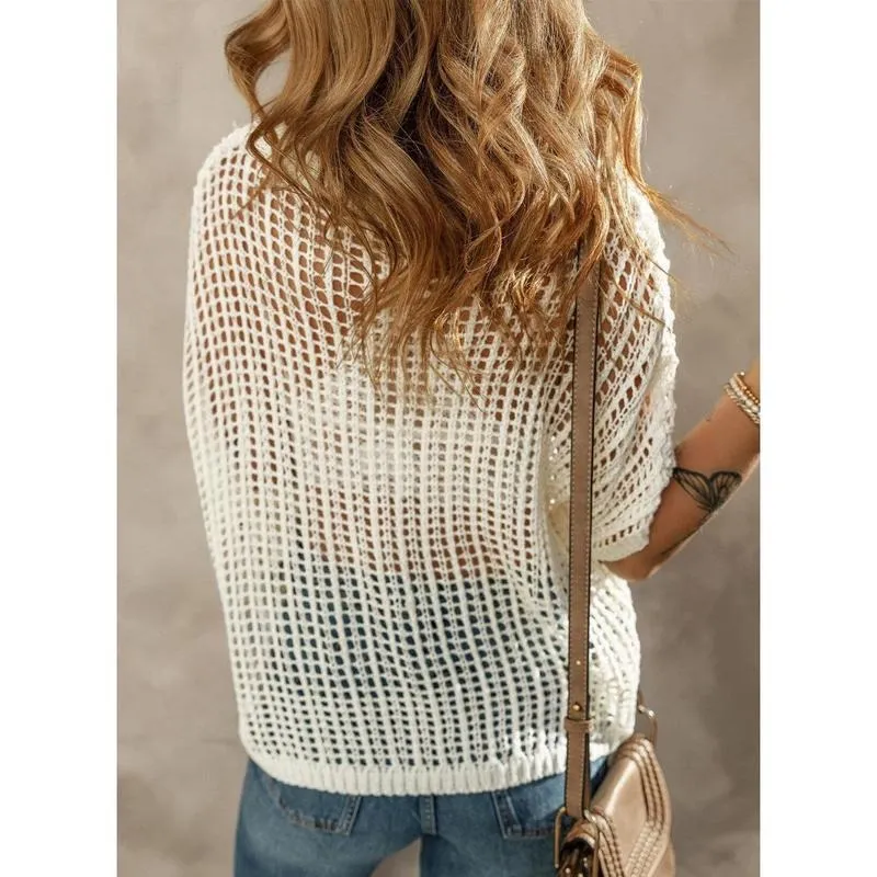 Womens Summer Scoop Neck Short Sleeve Sweater Casual Crochet Hollow Out Knit Tops