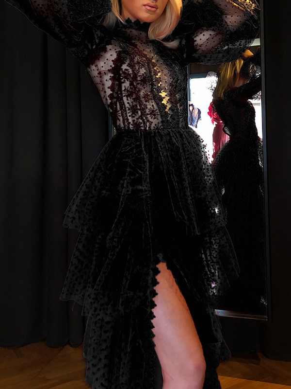 Flower Mesh Long Sleeves Split-Side Long Sleeves Evening Maxi Dresses