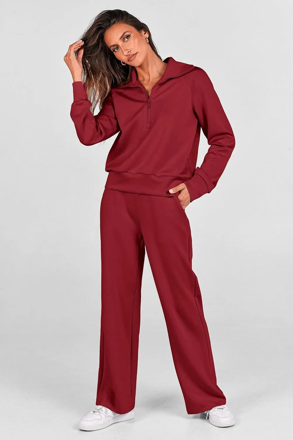 🔥Final Day Clearance!🛒Women's 2 Piece Outfits Casual Lapel Half Zip Sweatshirts And Wide Leg Pants Tracksuit Sets