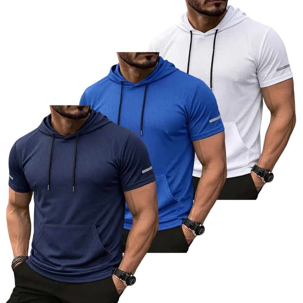 9-Pack Men’s lightweight outdoor hooded T-shirt in smooth mesh fabric—practical for morning runs and hiking