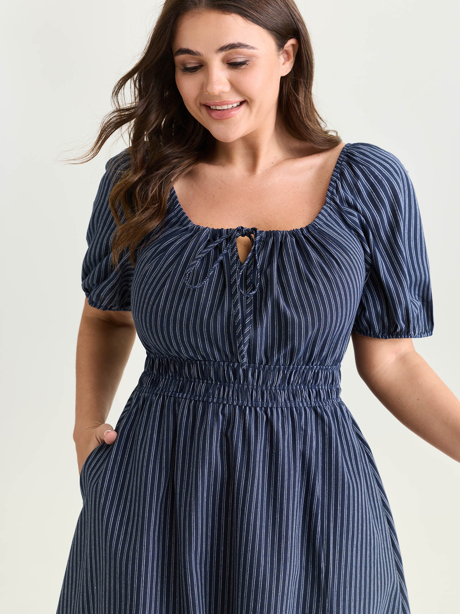 Striped Drawstring Neckline Split Hem Midi Dress