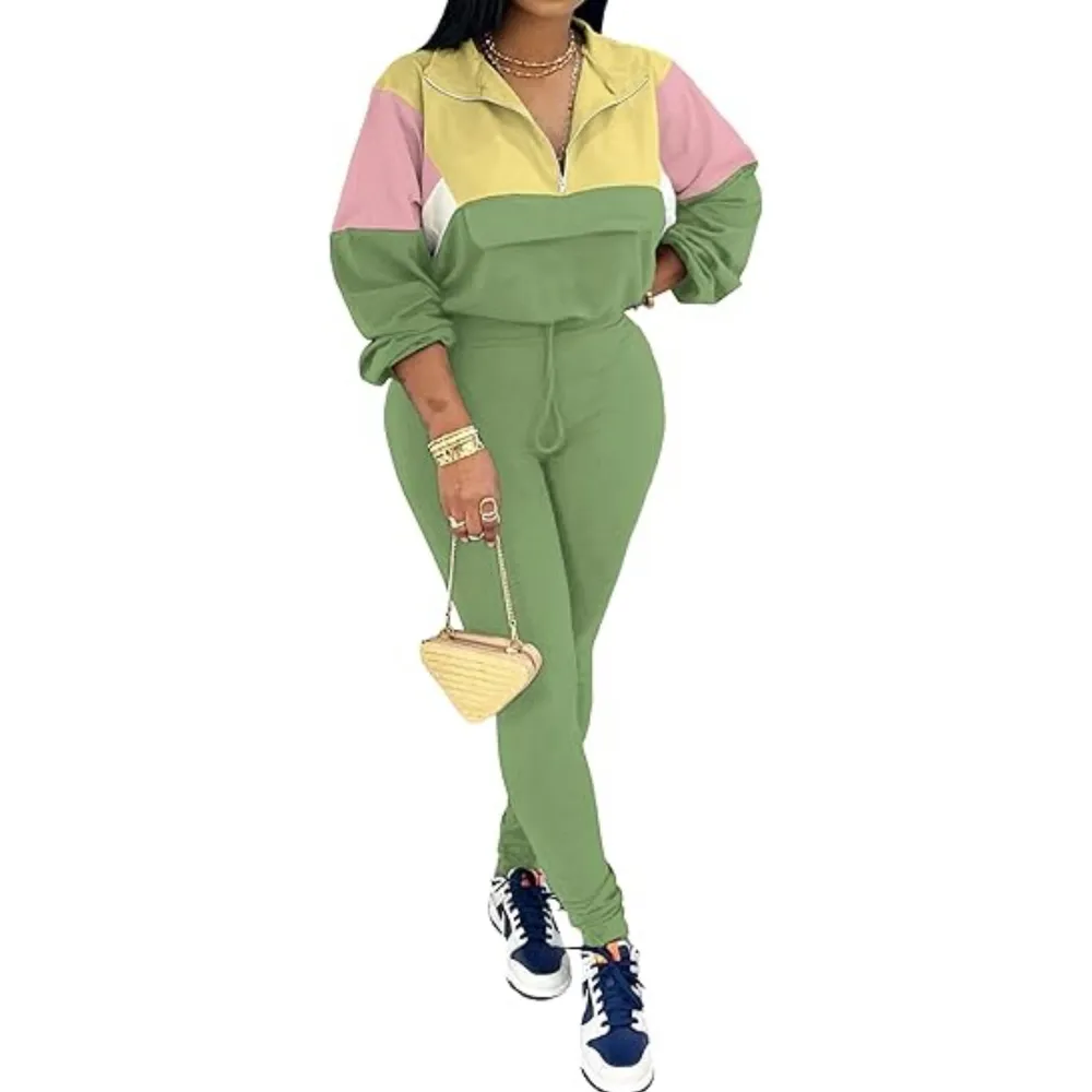 Women's Colorblock 2-Piece Knit Zip Jacket Elastic Waist Tracksuit