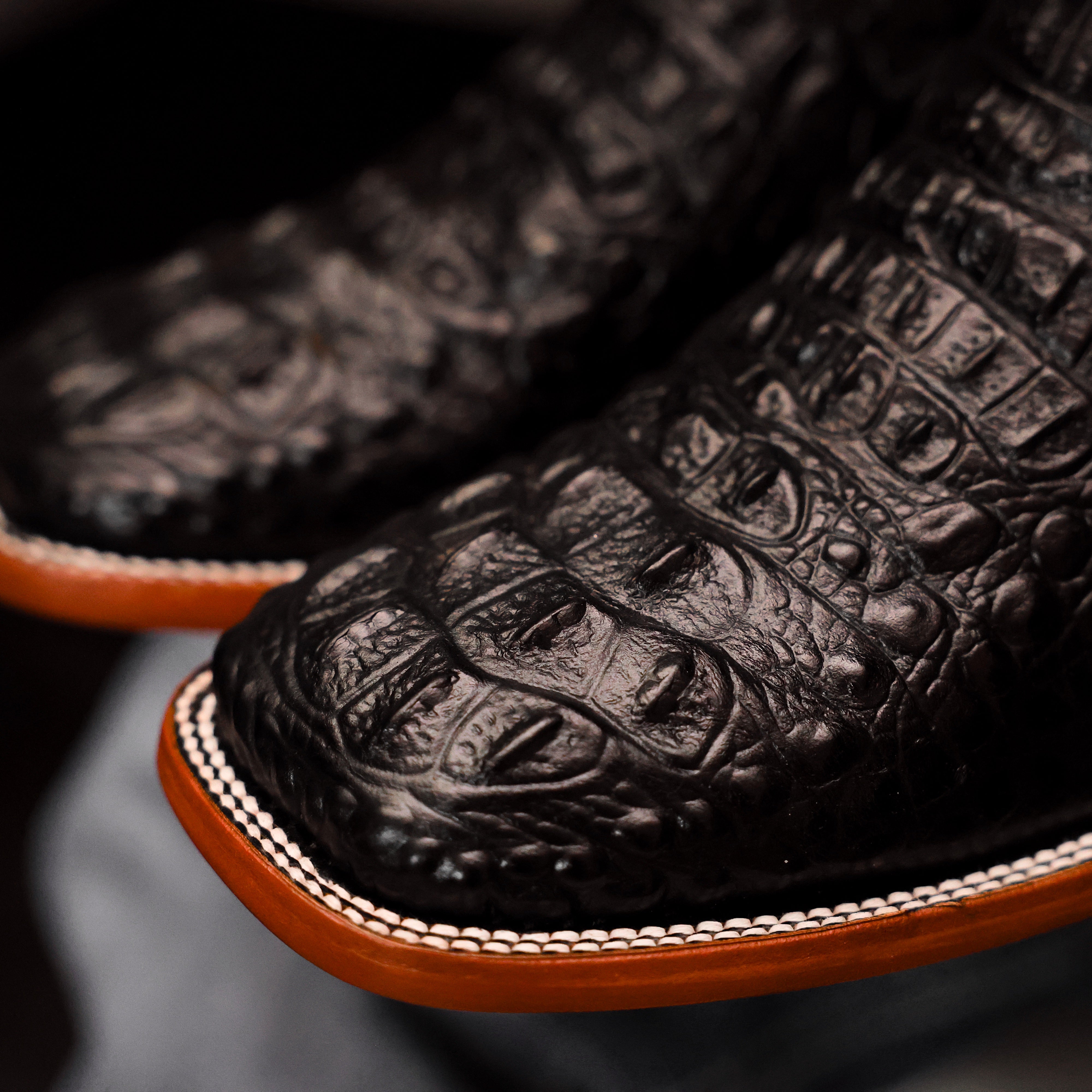 Black Caiman Neck Leather Boots - Square Toe