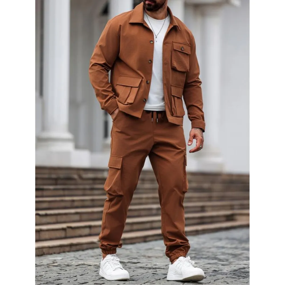 Men's Solid Color Pocket Button Front Jackets & Pants Two-Piece Set