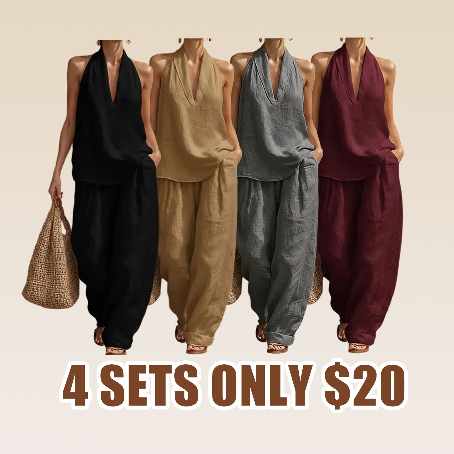 Boho Linen Two Piece Set - Perfect for Beach, Vacation & Brunch! Halter Neck Sleeveless Top Wide Leg Pants Set