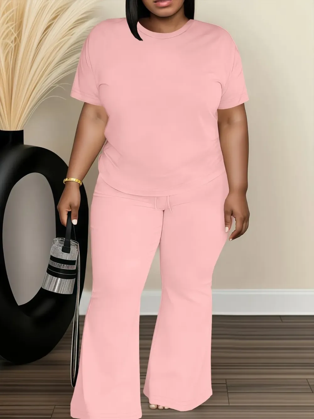 Women's Fashionable Big Size Casual Round Neck Short Sleeve Top & Loose Fit Straight Pants Set, Spring & Fall Comfortable Plain Design