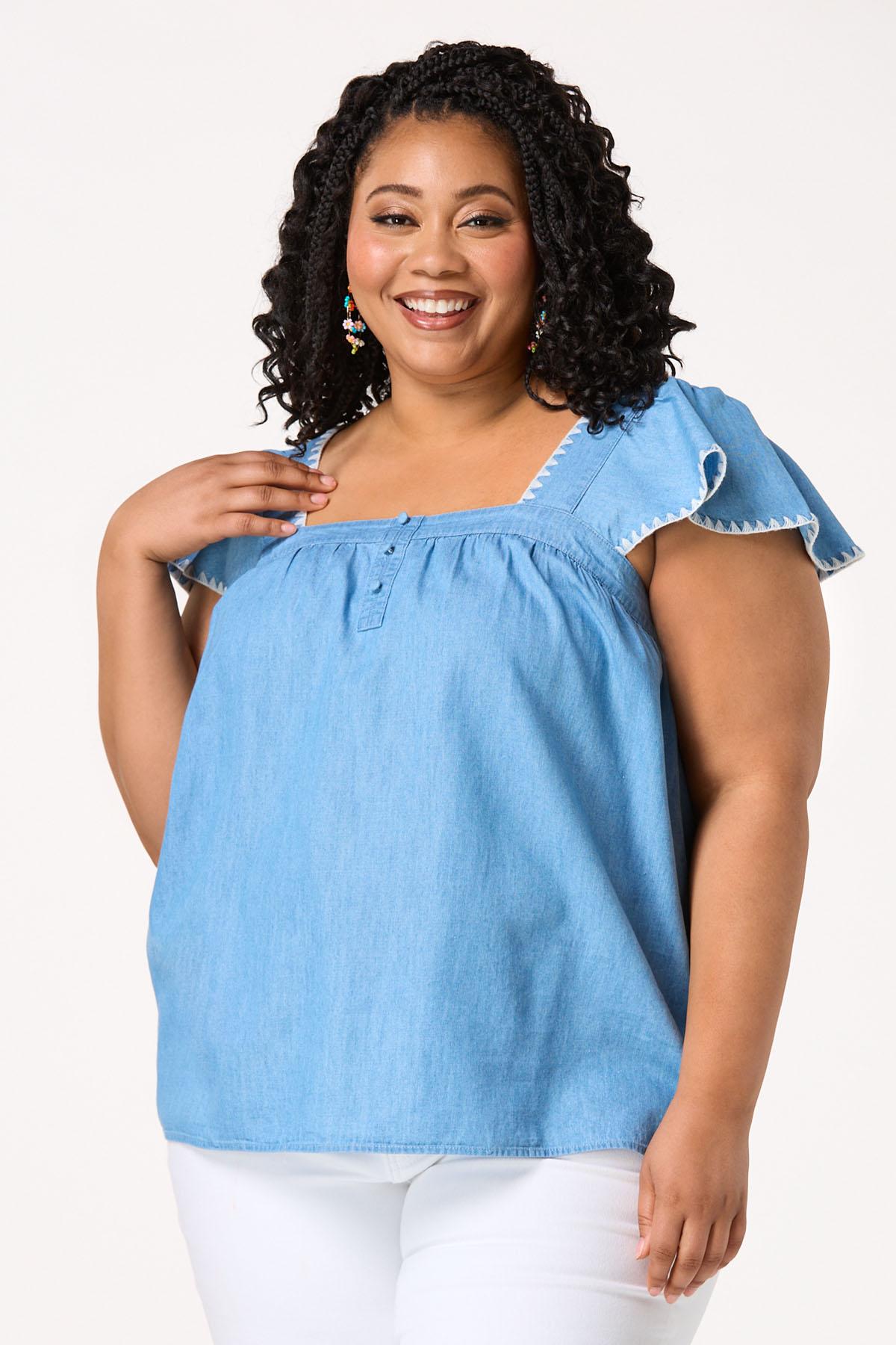 Plus Size Chambray Whipstitch Flutter Sleeve Top