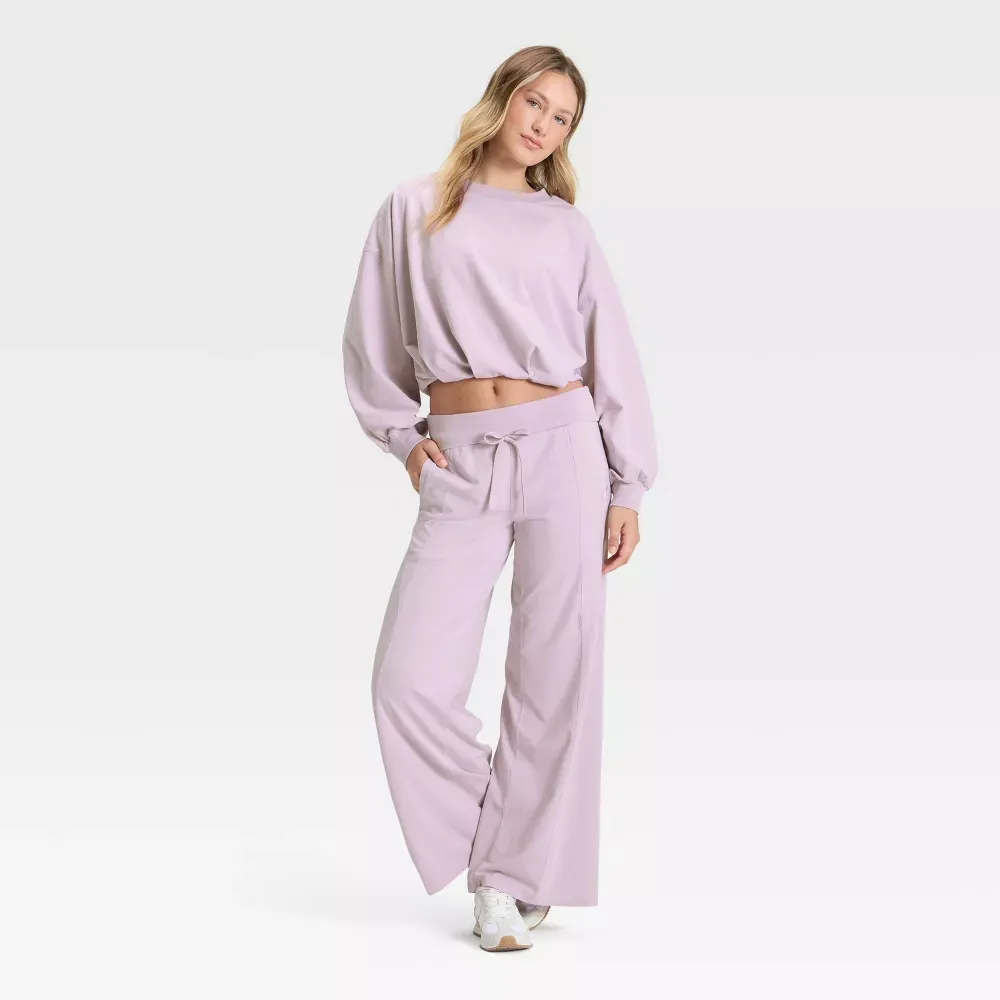 Women's Bubble Hem Long Sleeve Top & Wide Leg Pants Set