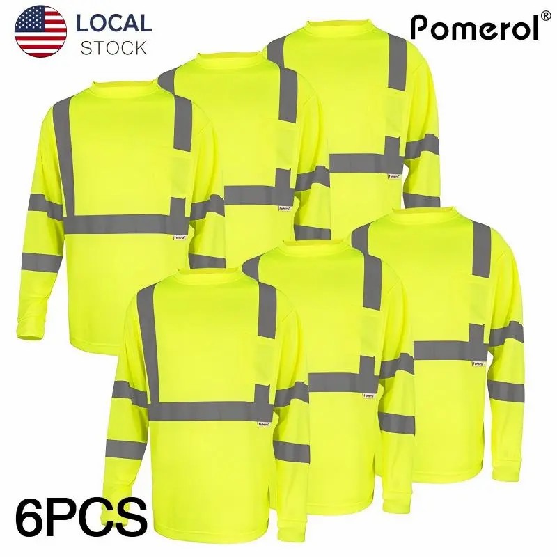 3/6-Pack High Vis Safety Long Sleeve | Reflective & Breathable Work T-Shirts with Pocket for Construction, Warehouses, Outdoor Work, Night Fishing