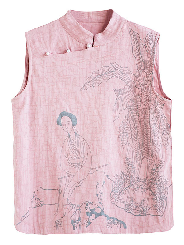 Artistic Retro Chinese-Style Printed Buttoned Stand Collar Sleeveless Vest
