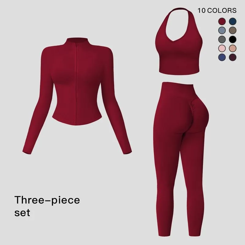 Women's Criss Cross Crop Tank, Zip-Up Jacket & High-Waist Leggings Set