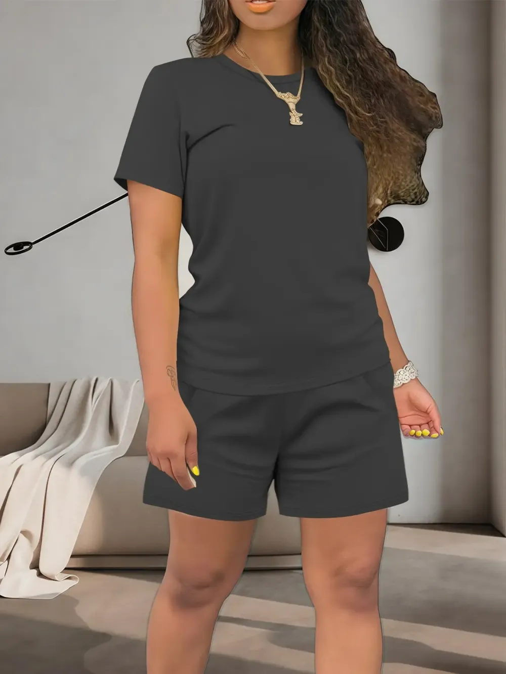 Women's Summer Casual Set, Regular Fit Short Sleeve Top & Shorts, Plain Color Women's