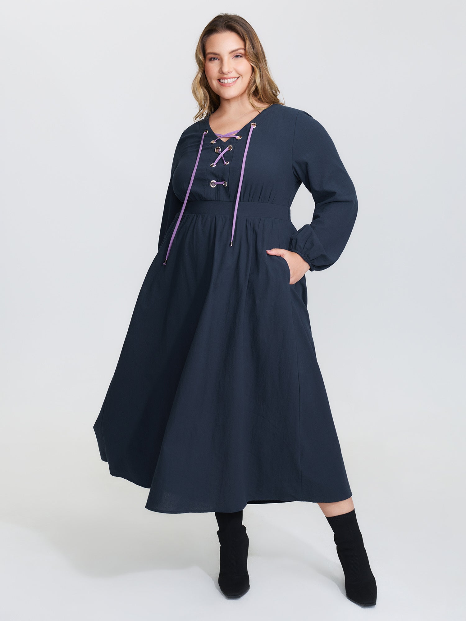 Pure Cotton Cross-Tie Neckline Midi Dress