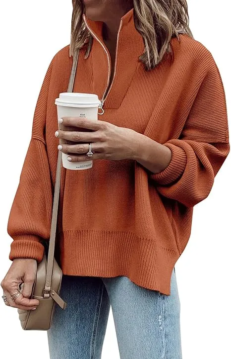 Women's Long Sleeve 14 Zip Oversized Ribbed Knit Tunic Sweater