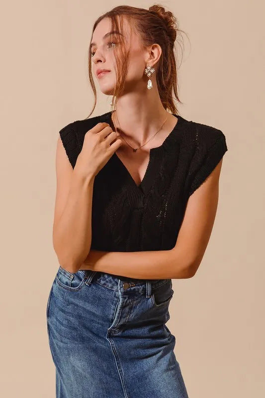 Notched Neck Cable Knit Sweater Vest