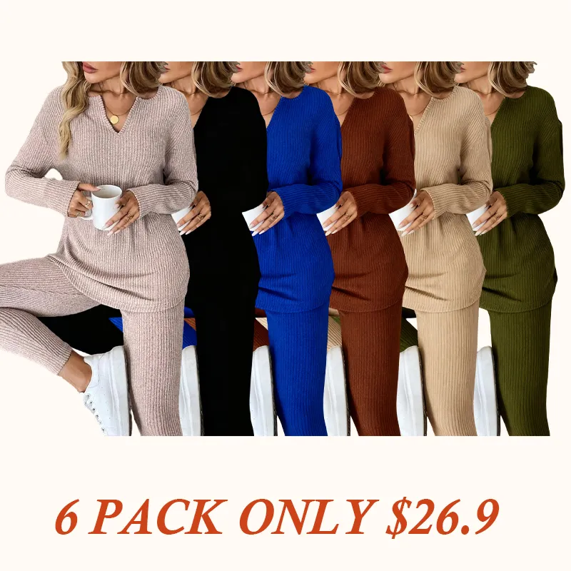 Women's Casual Fleece Ribbed Knit Long-Sleeve T-Shirt and Leggings Set