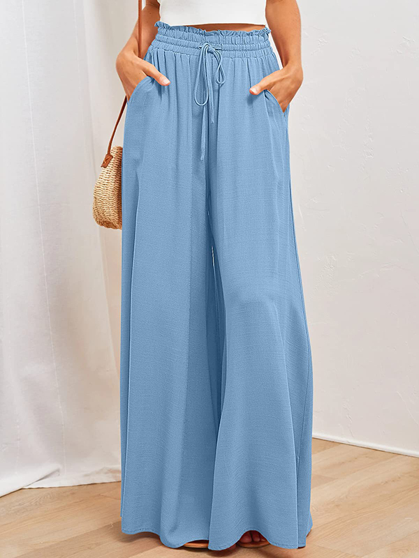 Drawstring Elasticity Pleated Pockets Solid Color High Waisted Loose Trousers Pants