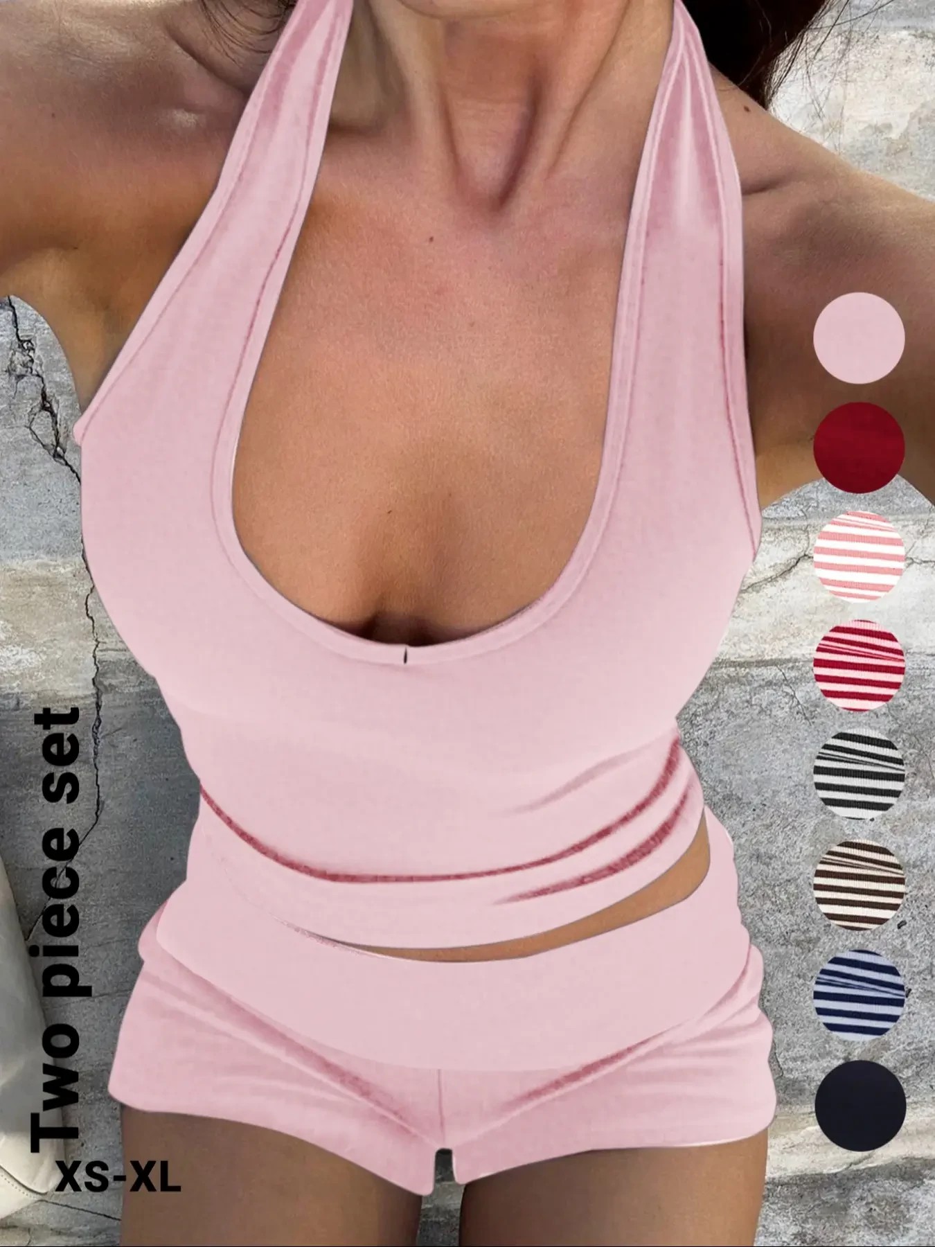 Women's Casual Striped Halter Neck Crop Top & Shorts Set, Summer Fitted Two-Piece, Regular Length, Moderate Fabric Thickness, Womenswear