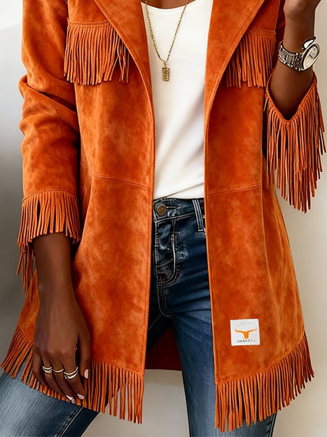 Women's Casual Lapel Long-Sleeved Tassel Jacket