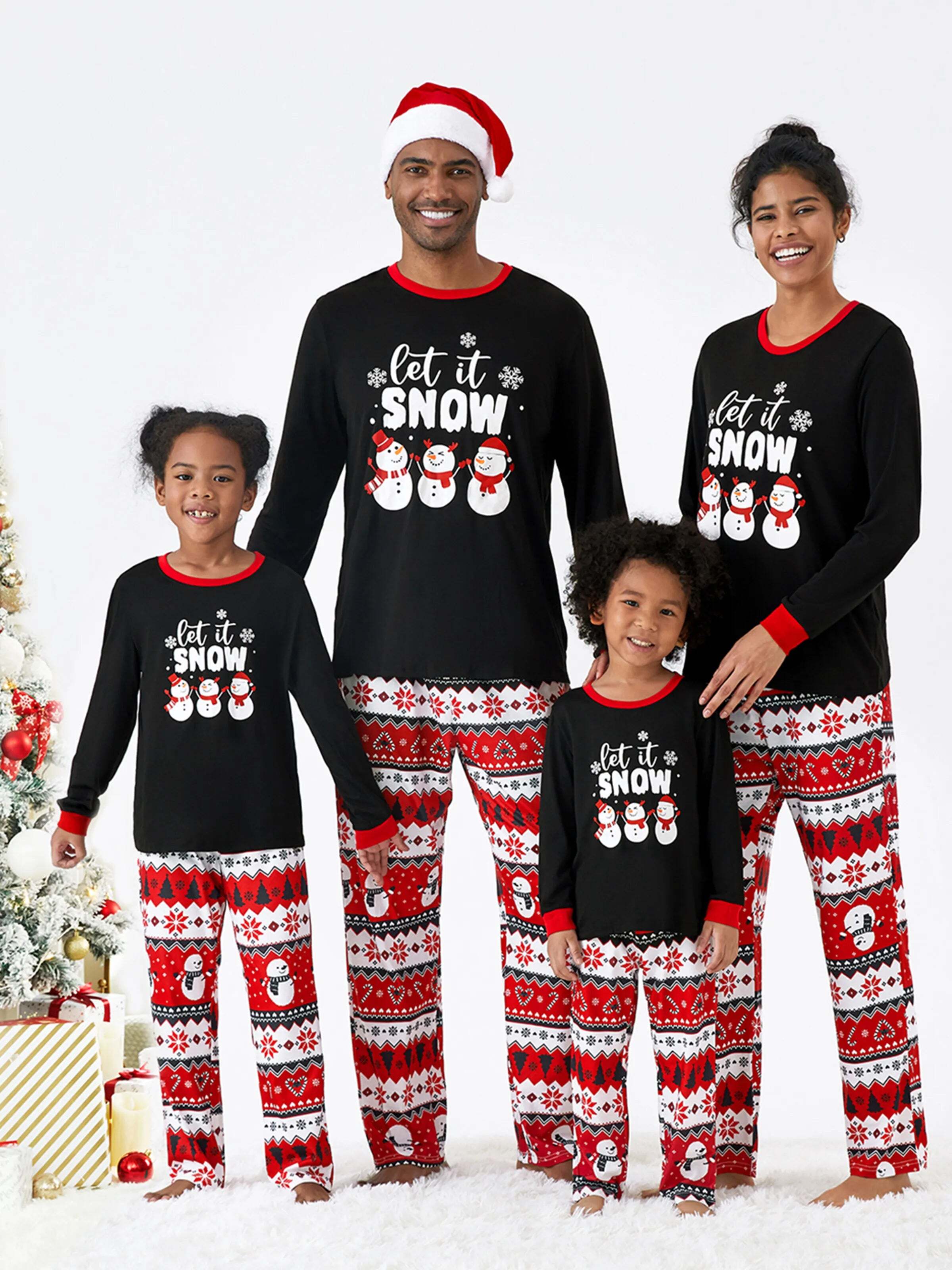 Christmas Family Pajamas Set Snowman Print Long-sleeve PJS with Christmas Socks Black