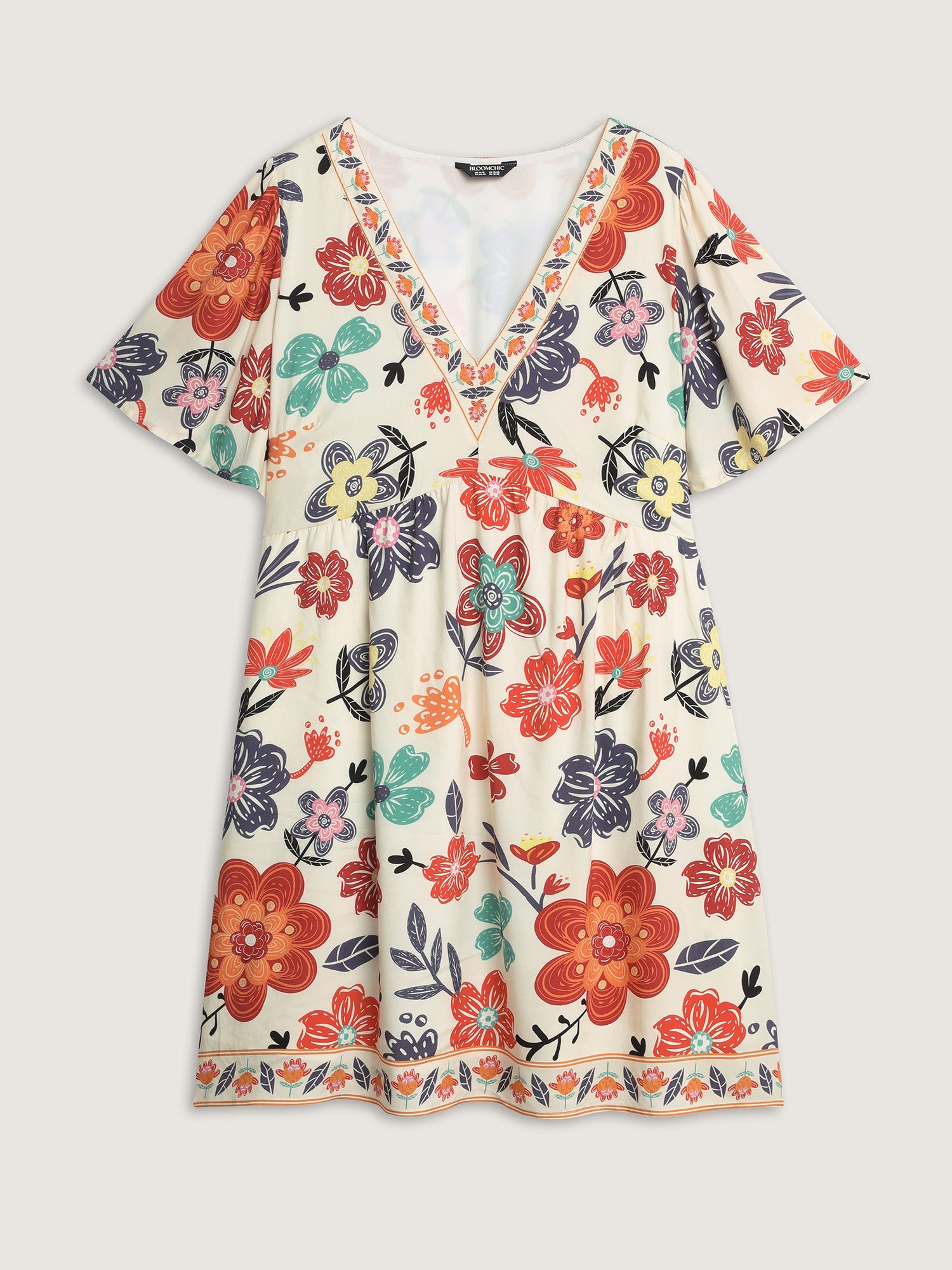Colorful Floral Print V-Neck Mini Dress