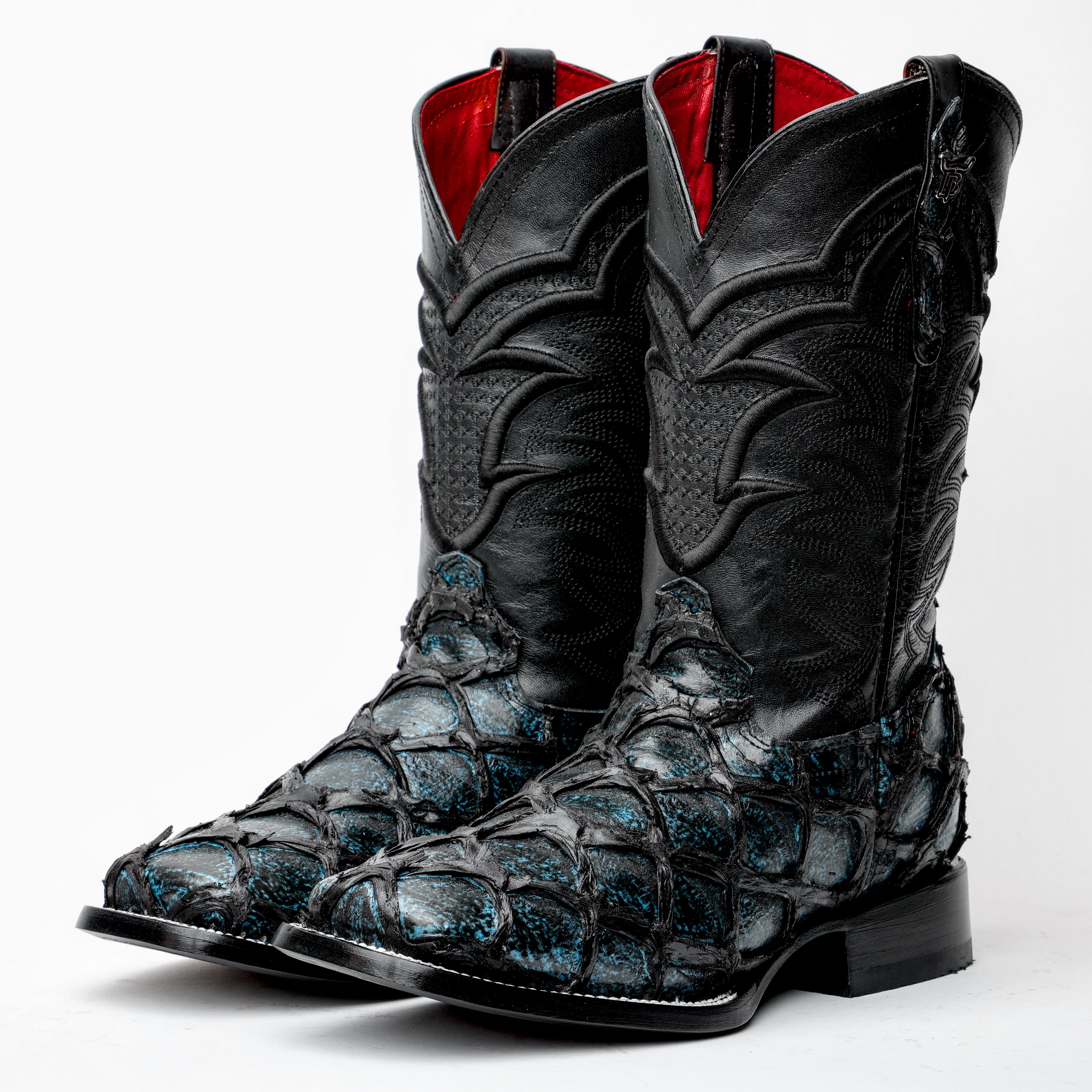 Midnight Blue Jumbo Pirarucu Leather Boots - Square Toe