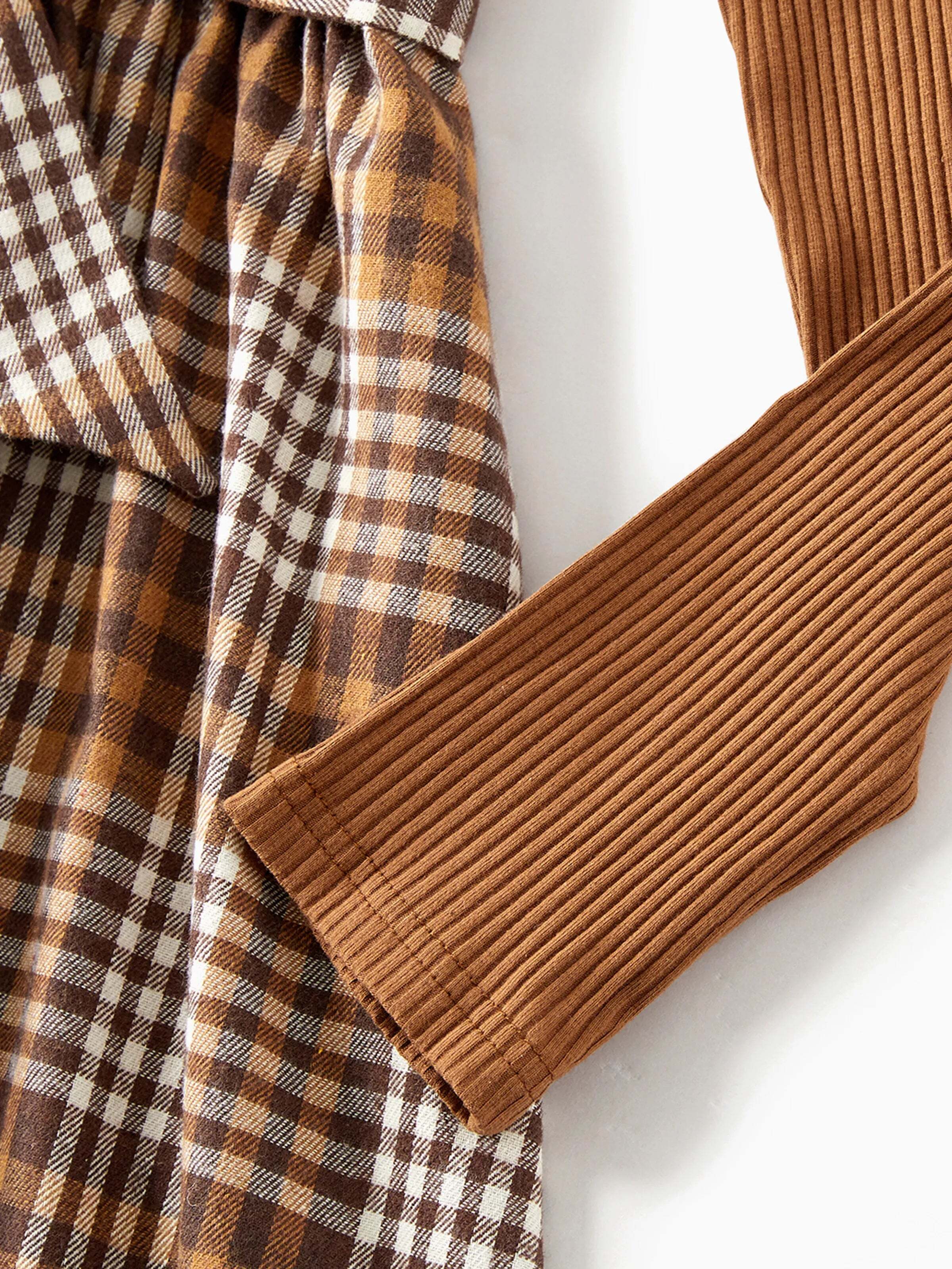 Family Matching Coffee Ribbed Spliced Plaid Belted Dresses and Long-sleeve Colorblock Tops Set Coffee