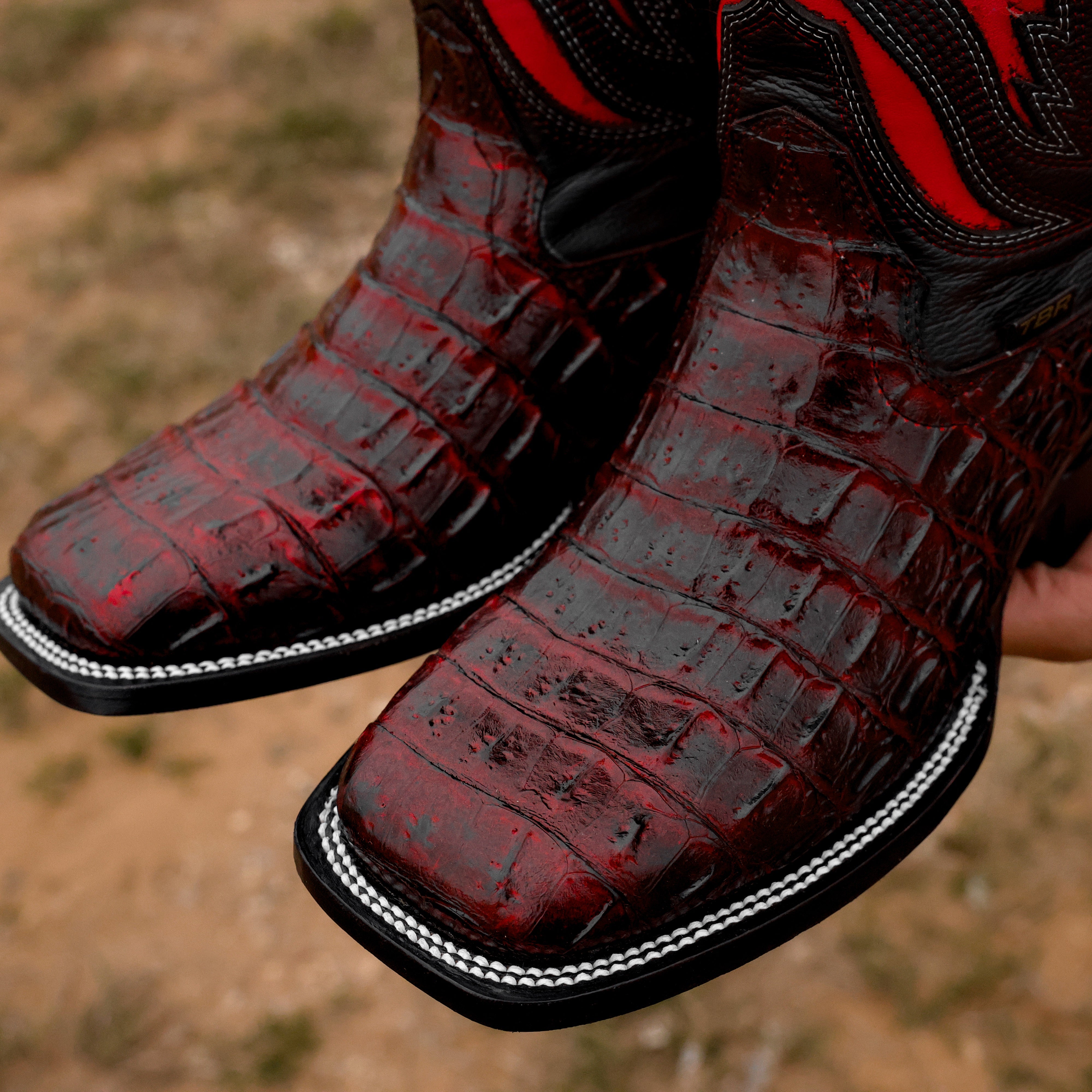 Black Cherry Caiman Hornback Leather Boots - Square Toe