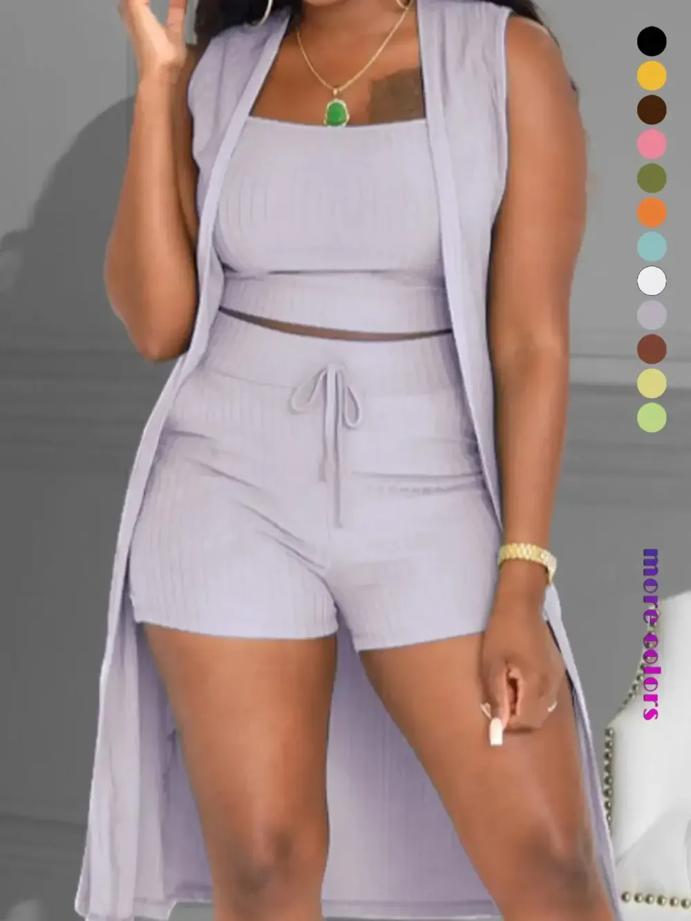 Three-Piece Set Women's Solid Ribbed Co-ord Set, Casual Crop Tank Top & Drawstring Waist Shorts & Vest Coat Set for Daily Wear