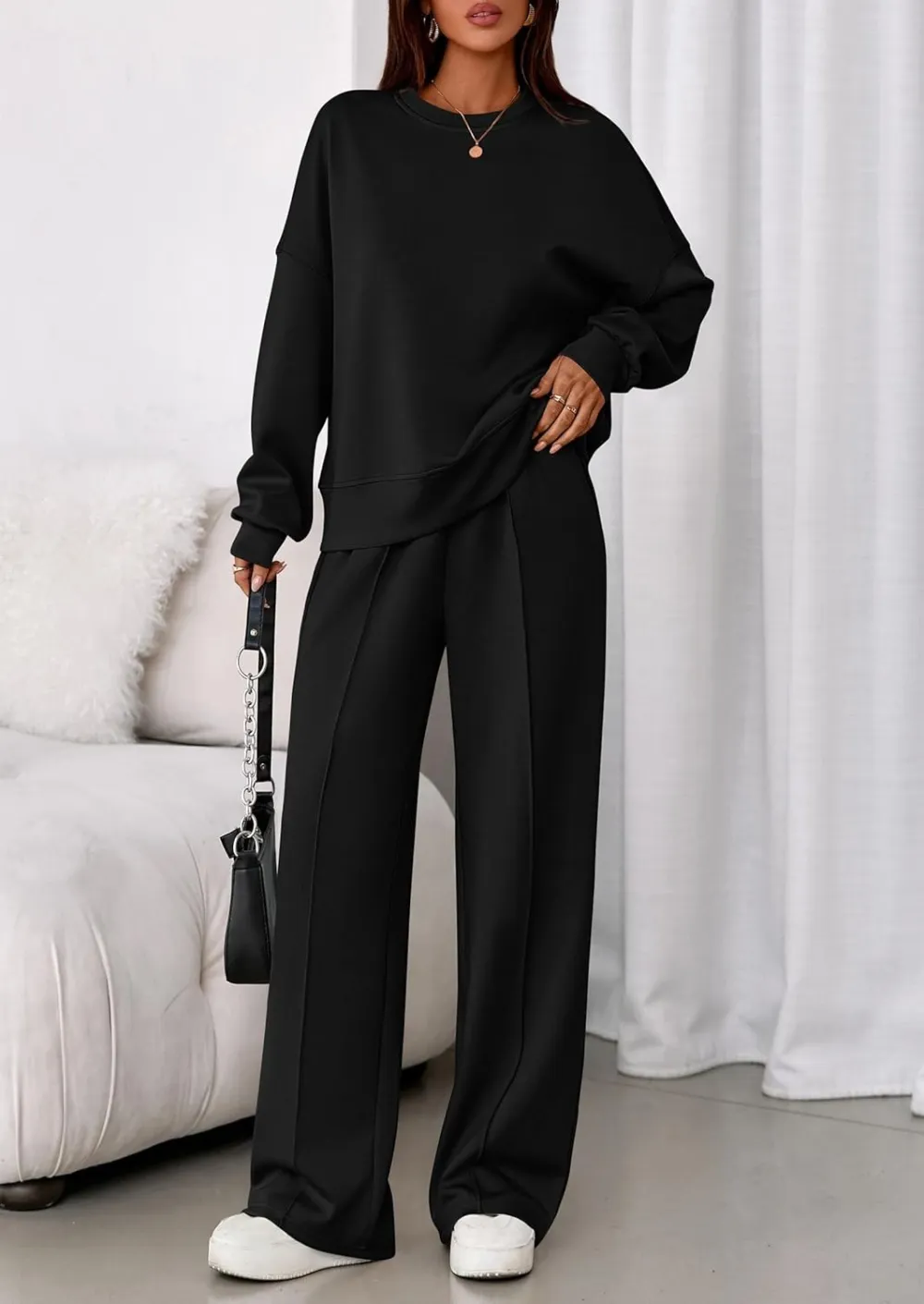 2 Piece Sets For Women Fall Trendy Long Sleeve Sweatshirt Wide Leg Pants Loungewear Set