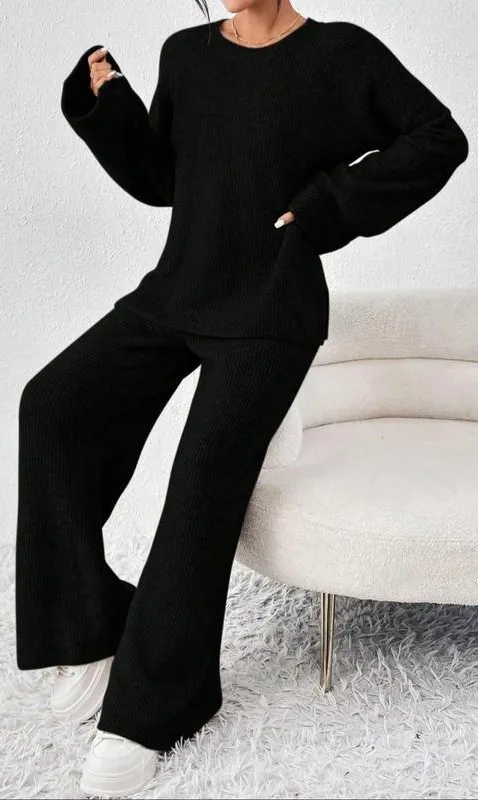 Women's Raglan Sleeve Split Long Sleeve Sweater & Elastic Waist Pants Set
