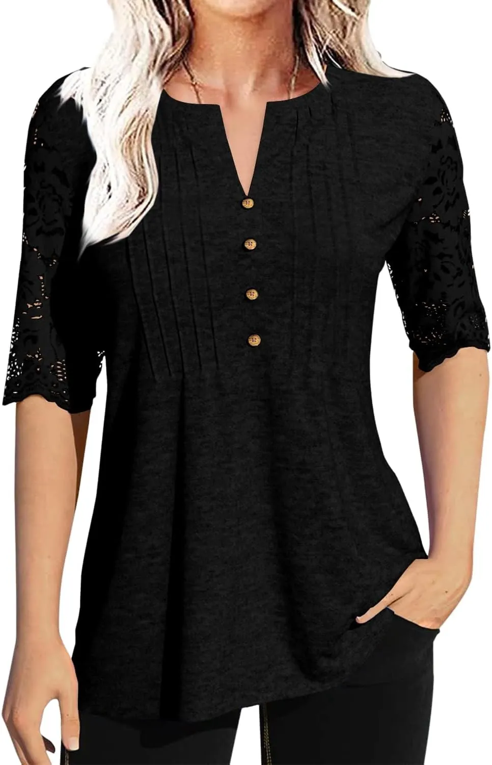 Women's Lace Sleeve Summer T-Shirt V-Neck Botton Up Basic Solid Color Casual Tunic Tops