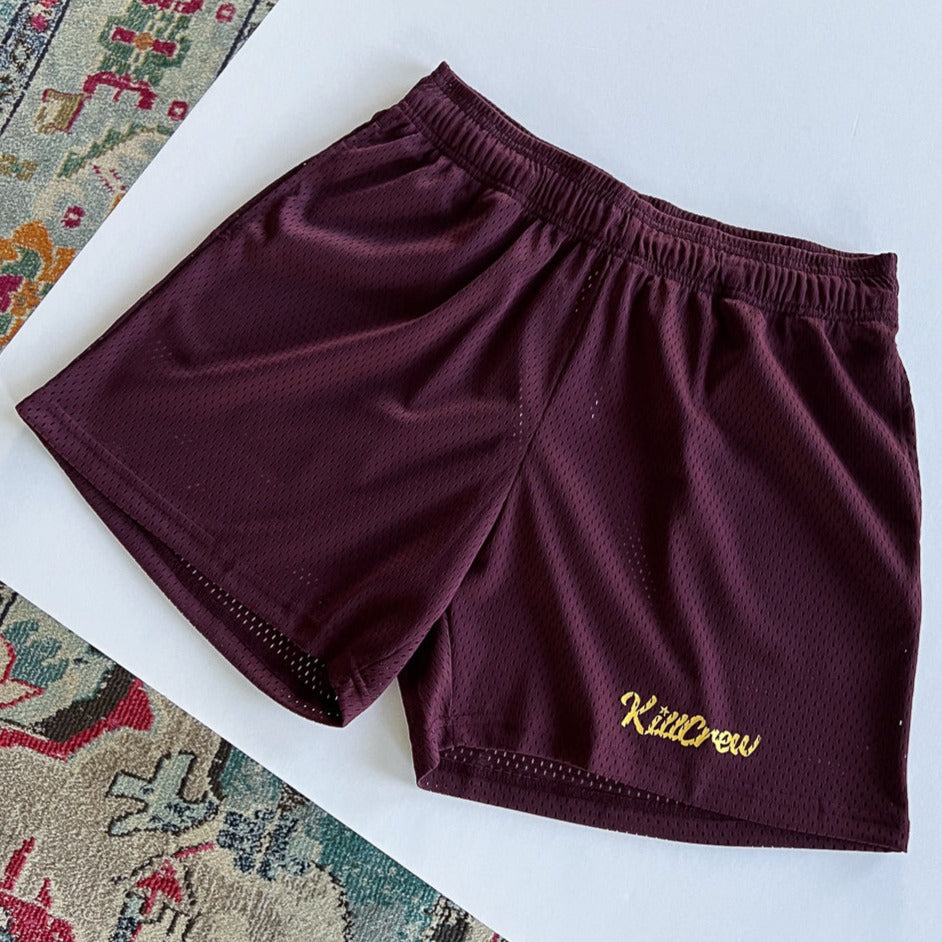 VENTED MESH SHORTS SCRIPT - MAROON / GOLD