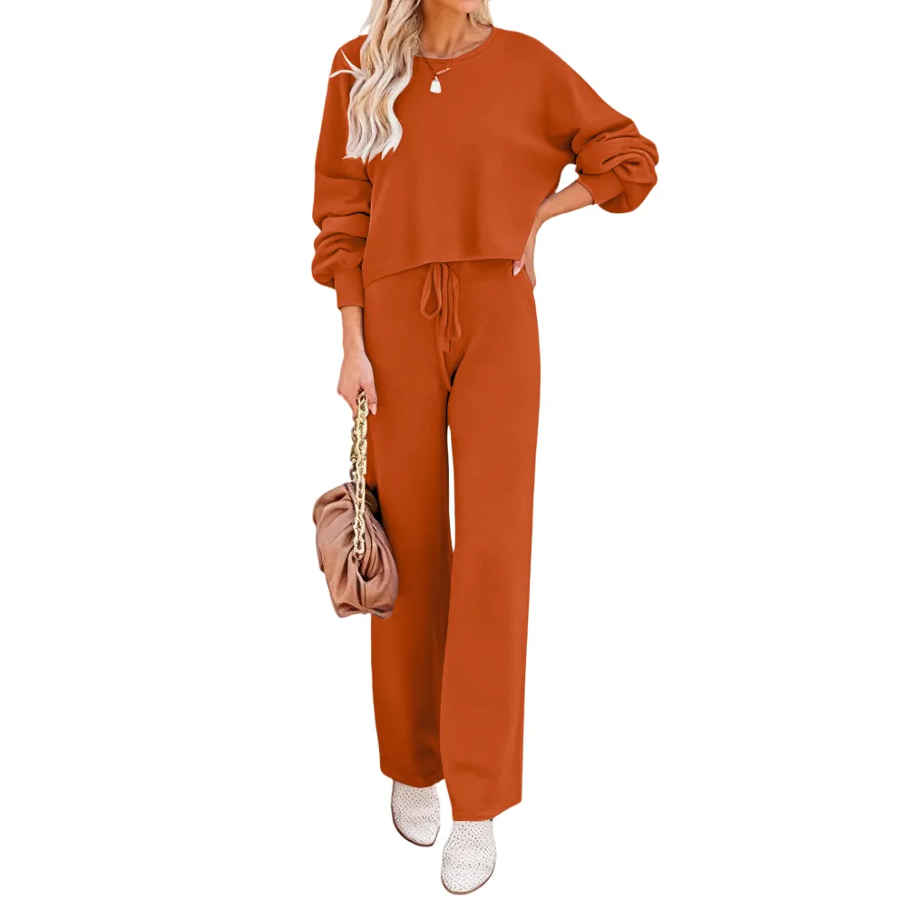 Womens Fall Winter Casual Solid Knitted 2 Piece Sets Long Sleeve Hoodie