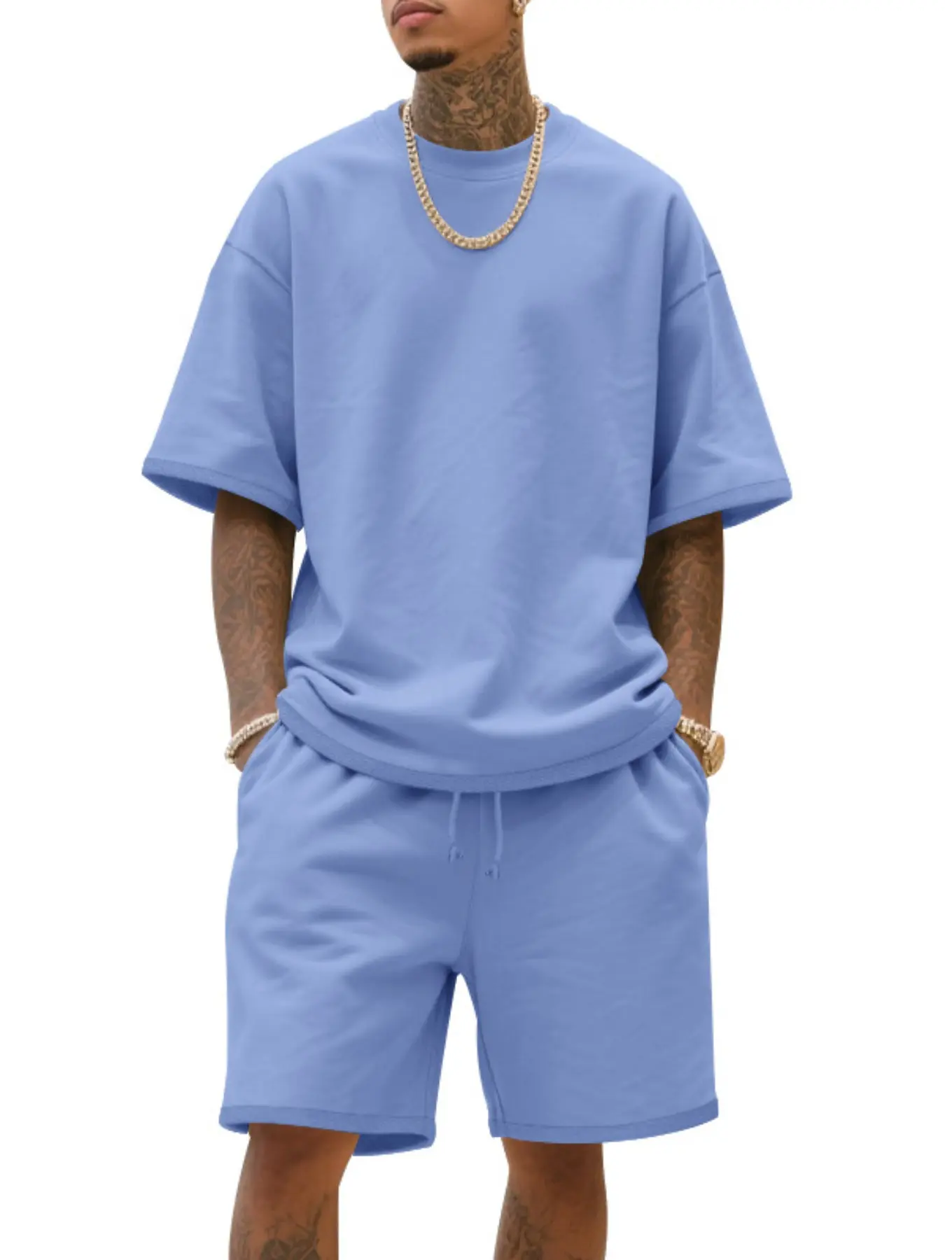 Men's Summer Casual Set, Pure Color Round Neck Short Sleeve Knit Tee & Shorts, Classic Loose Fit Sportswear, Comfortable Daily Wear Outfit