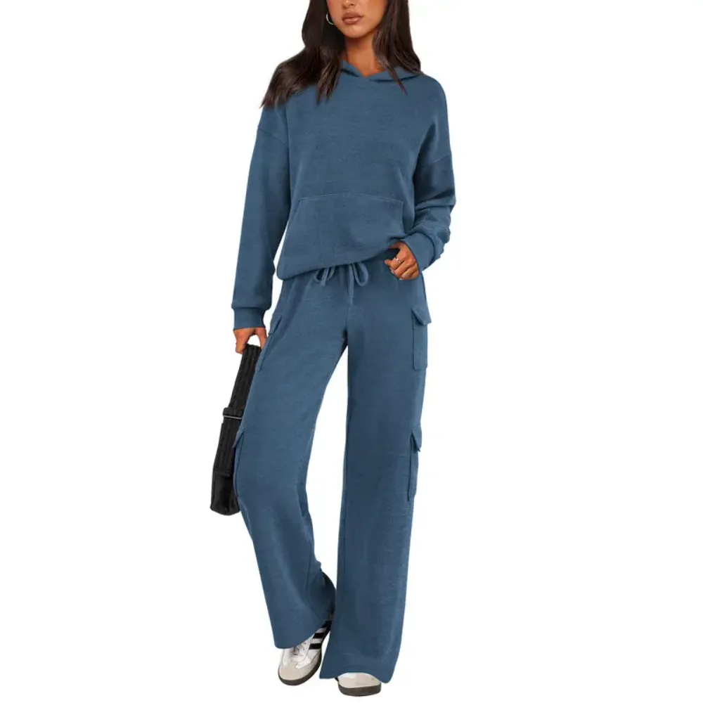 Women’s Casual Knit Tracksuit – Hoodie & Wide Leg Pants with Pockets