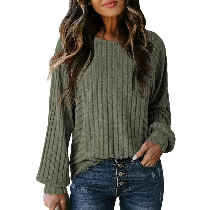 Womens Soft Long Sleeve Crewneck Shirts Fall Casual Loose Fit Knit Tops Blouses