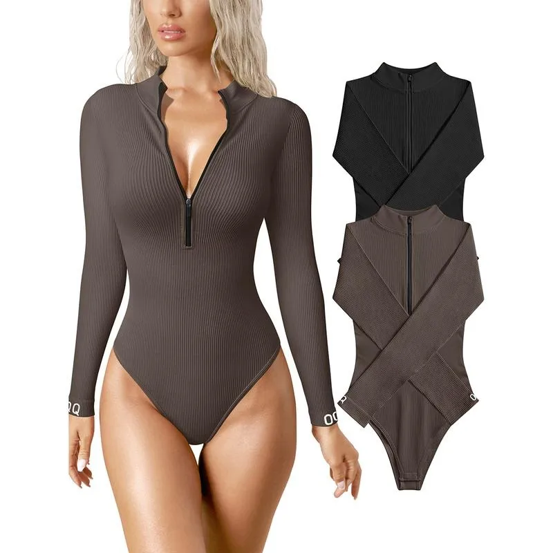 Women's 2 Piece Bodysuits Sexy Ribbed One Piece Zip Front Long Sleeve Tops Bodysuits