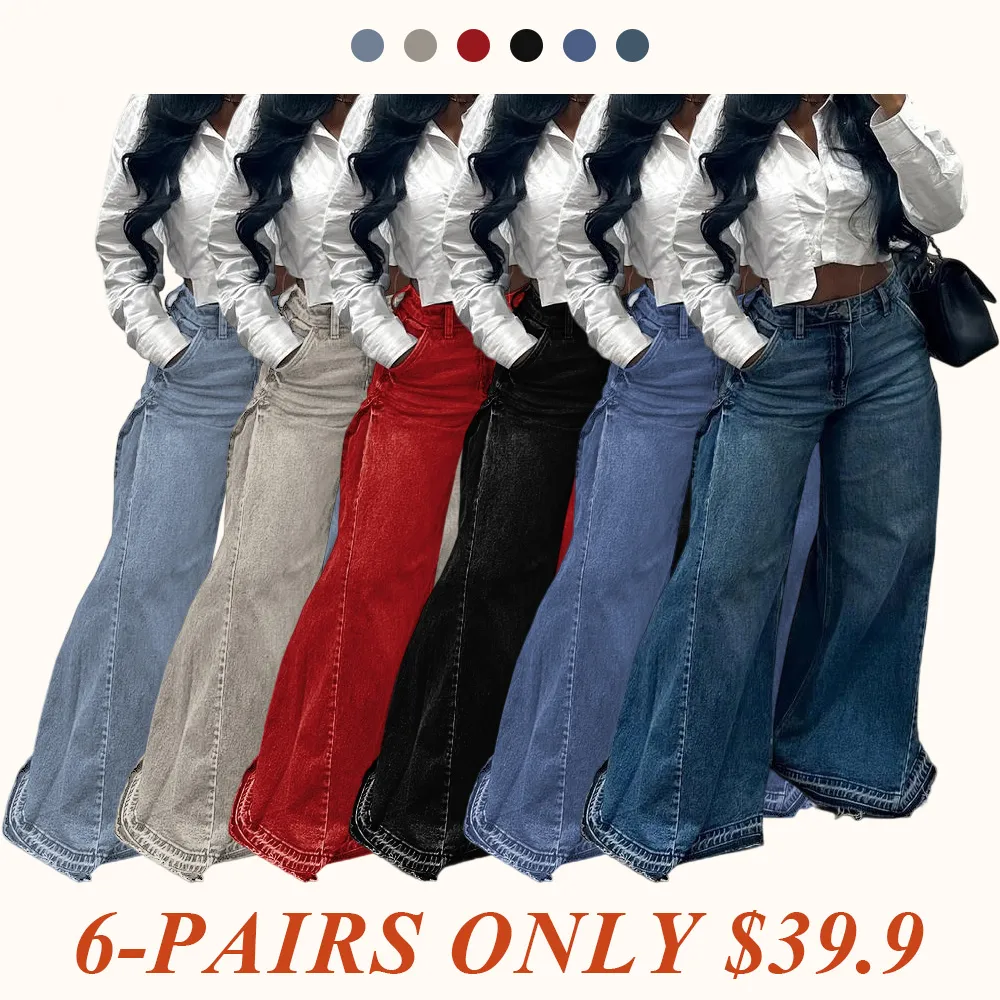 Women Flared Wide Side Loose Jeans High Waist