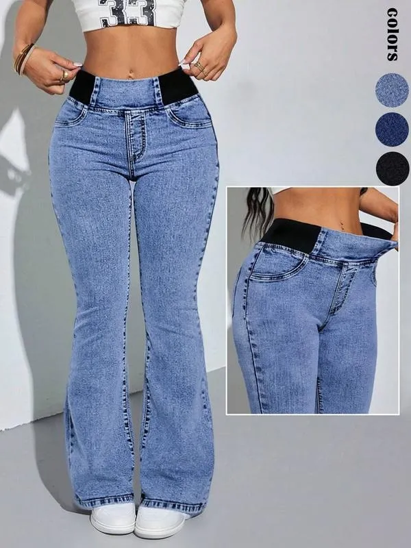 Women's Back Shirred Jeans, Mid - Rise Elasticity Waist Flared Jeans