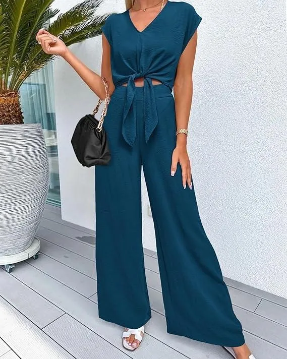 Women's Summer 2 Piece Outfits Cap Sleeve V Neck Belted Crop Tops Wide Leg Pant Sets