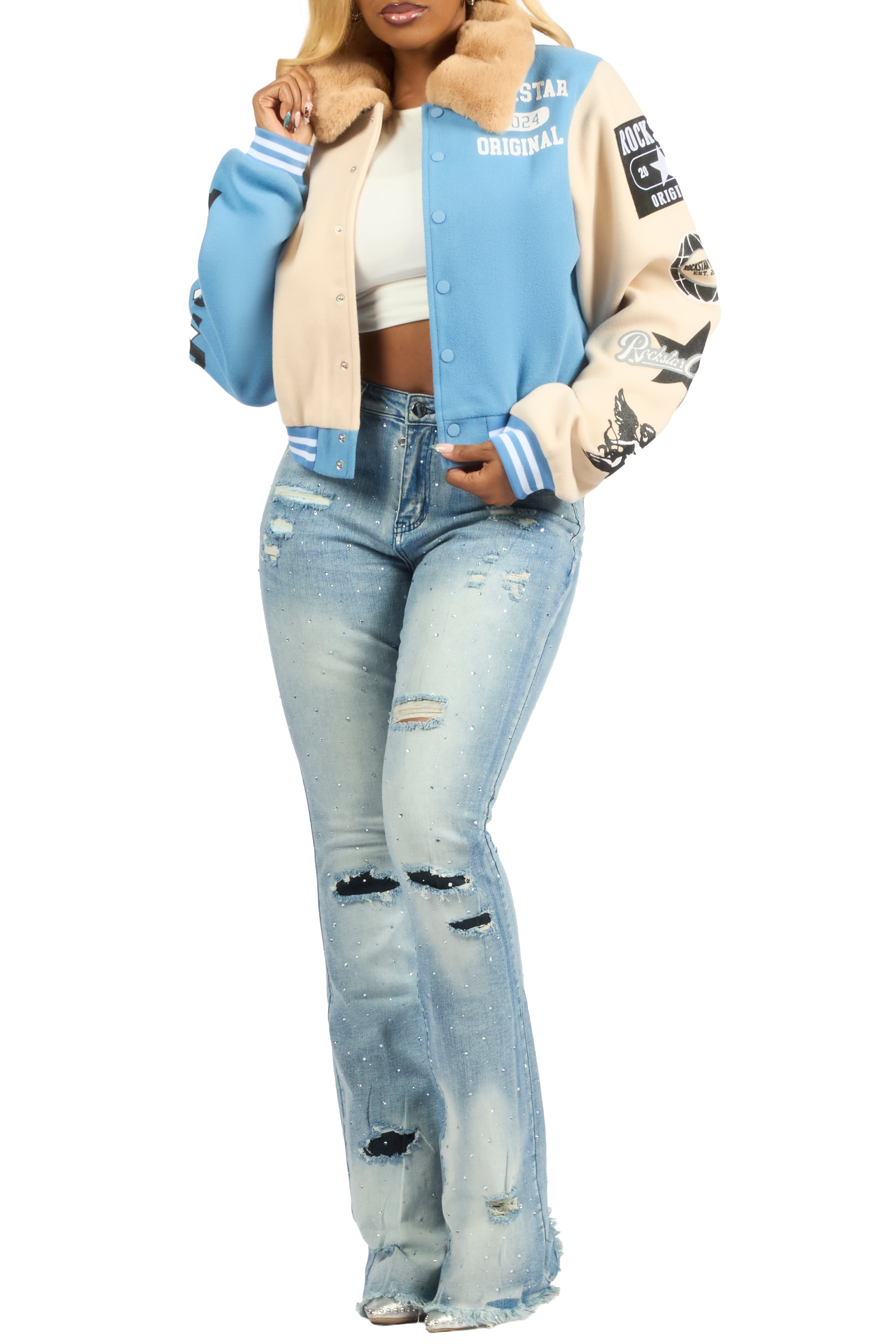 Kisha Blue/Tan Fur Collar Varsity Jacket