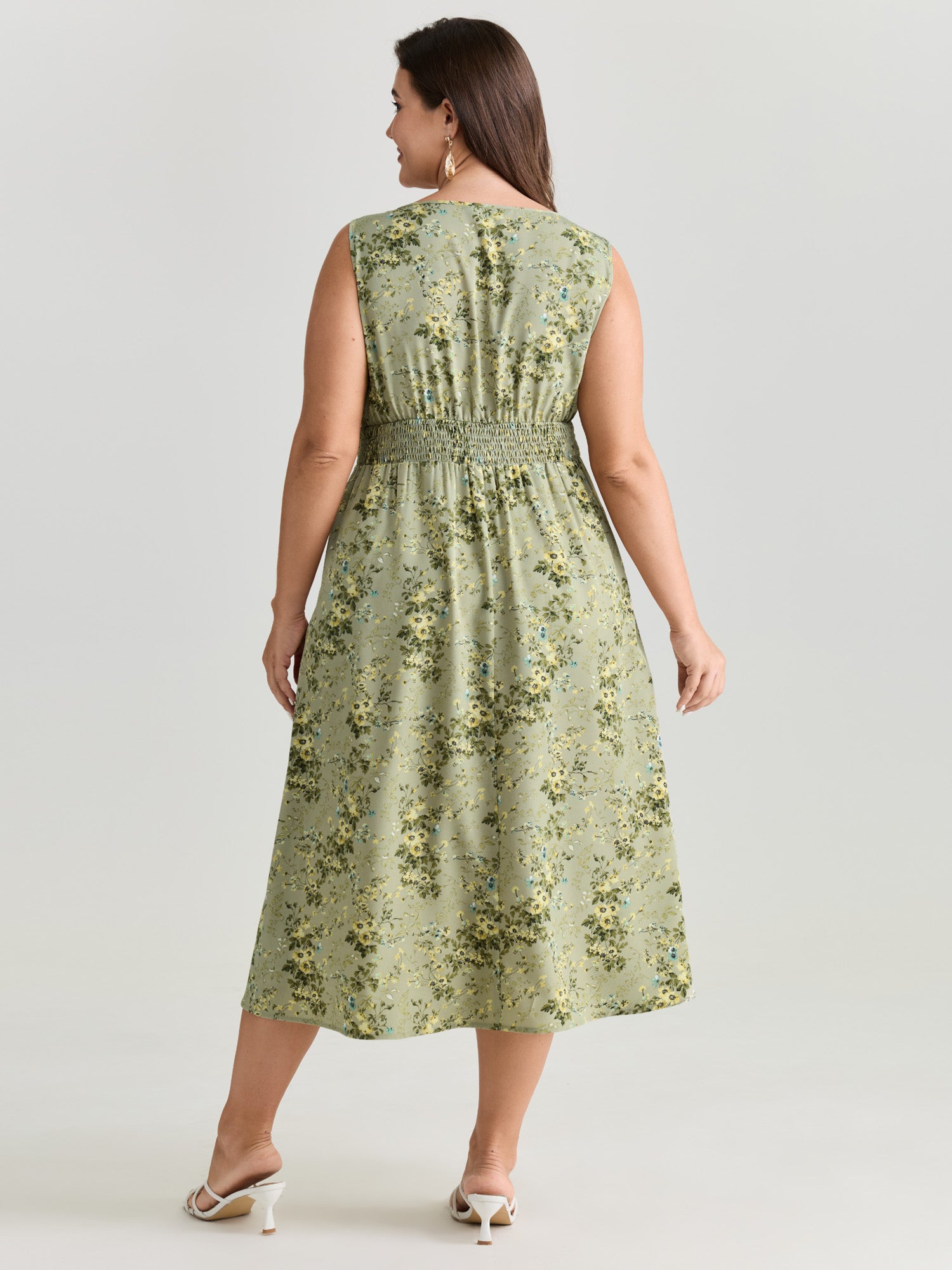 Floral Print Adjustable Bust-Tie Pockets Midi Dress