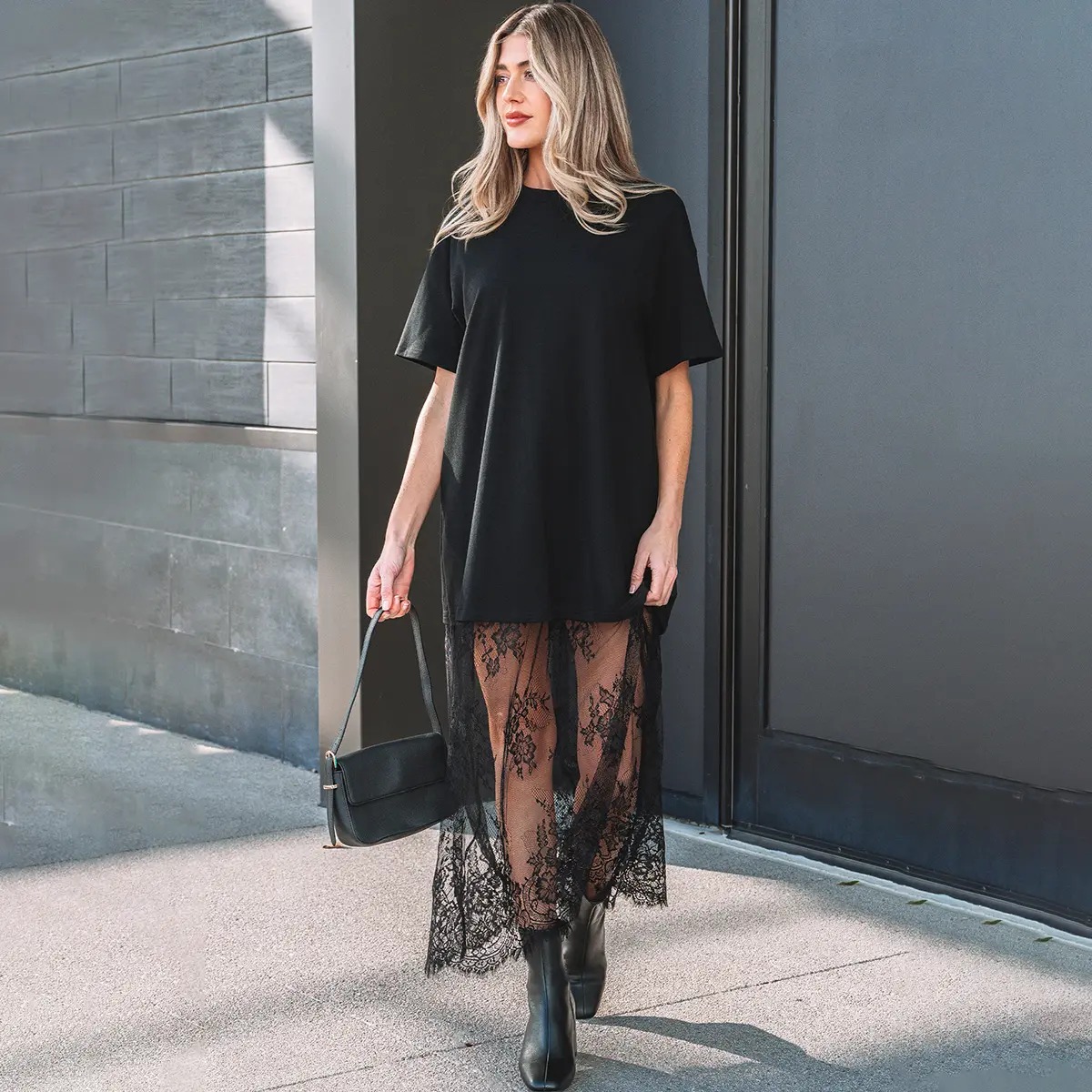 Women’s Oversized T-Shirt Maxi Dress with Sheer Lace Hem