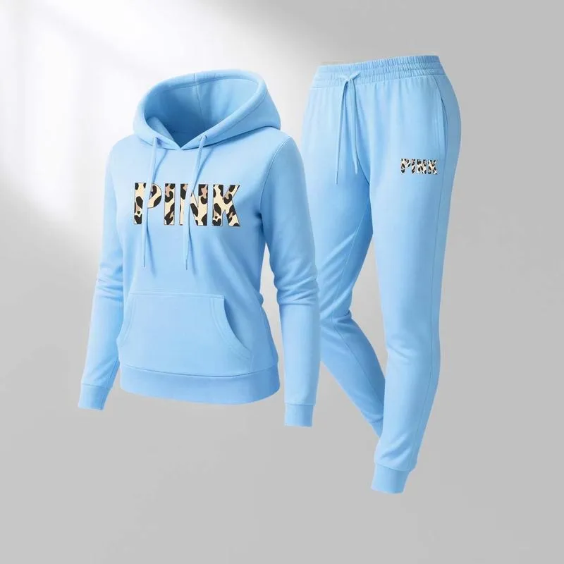 Women's Leopard Pink Print Hoodie & Drawstring Sweatpants Set