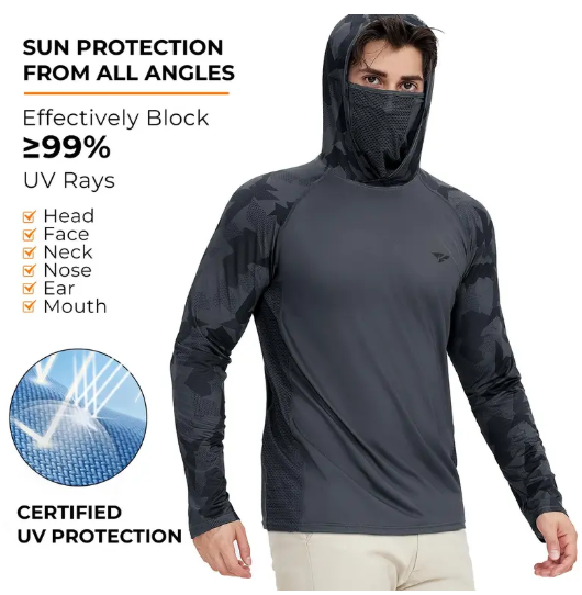 Men's Sun Protection Hoodie with Neck Gaiter - UPF 50+ Long Sleeve Shirt
