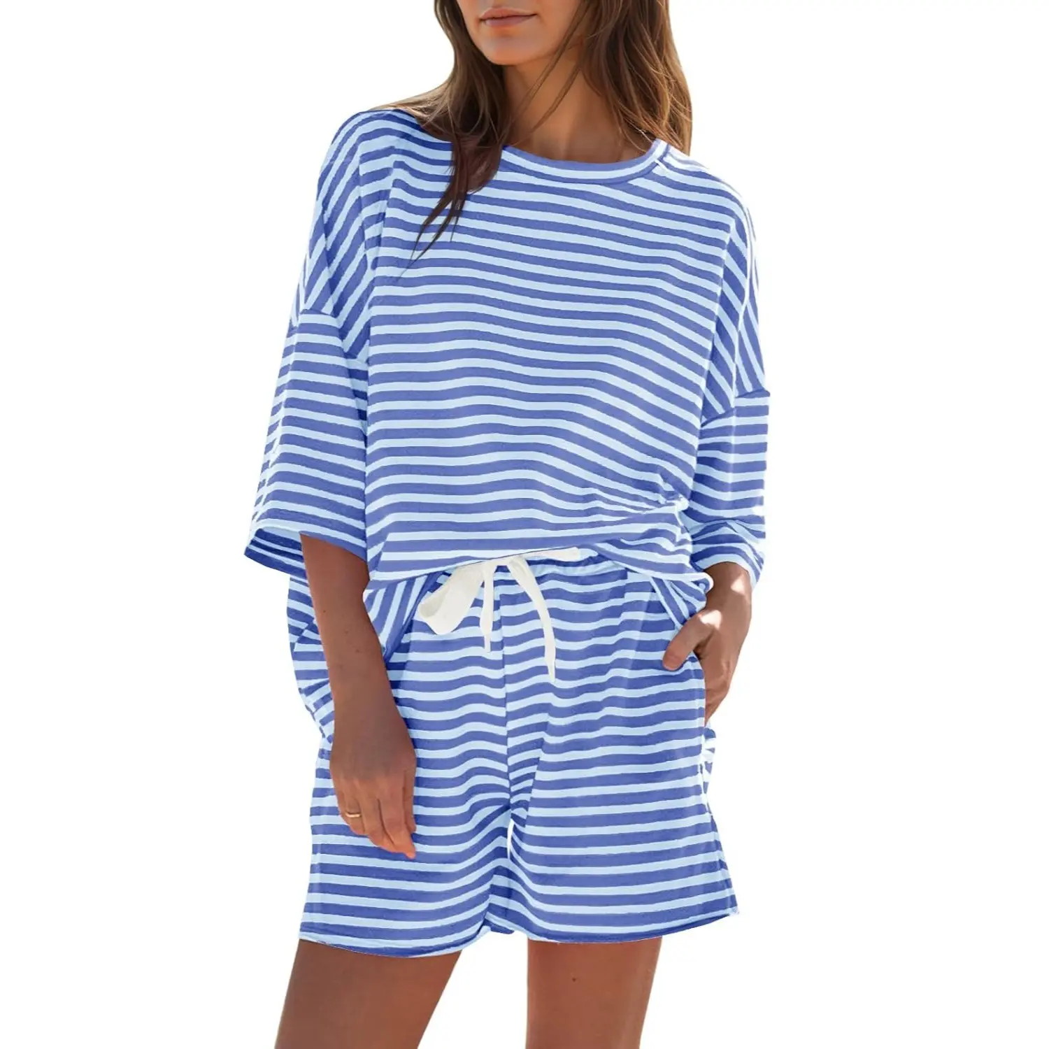 Womens Striped Short Sets 2 Piece Outfits Sweatsuits 3/4 Sleeve Pajamas Casual Lounge Sets